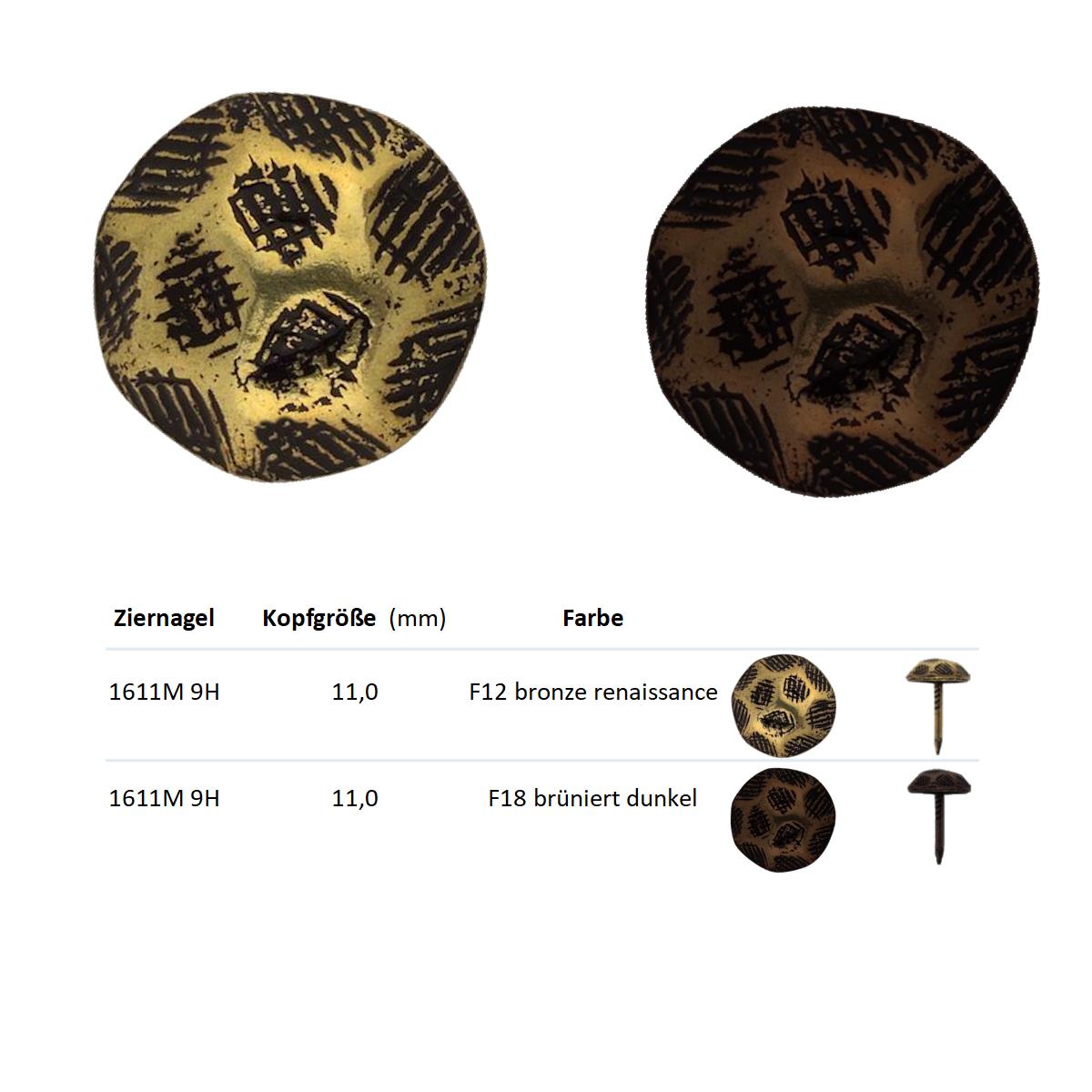 Ziernägel / Formnagel 1611M 9 H, F18 - brüniert dunkel, 1000 Stück, Kopf 11,0 mm