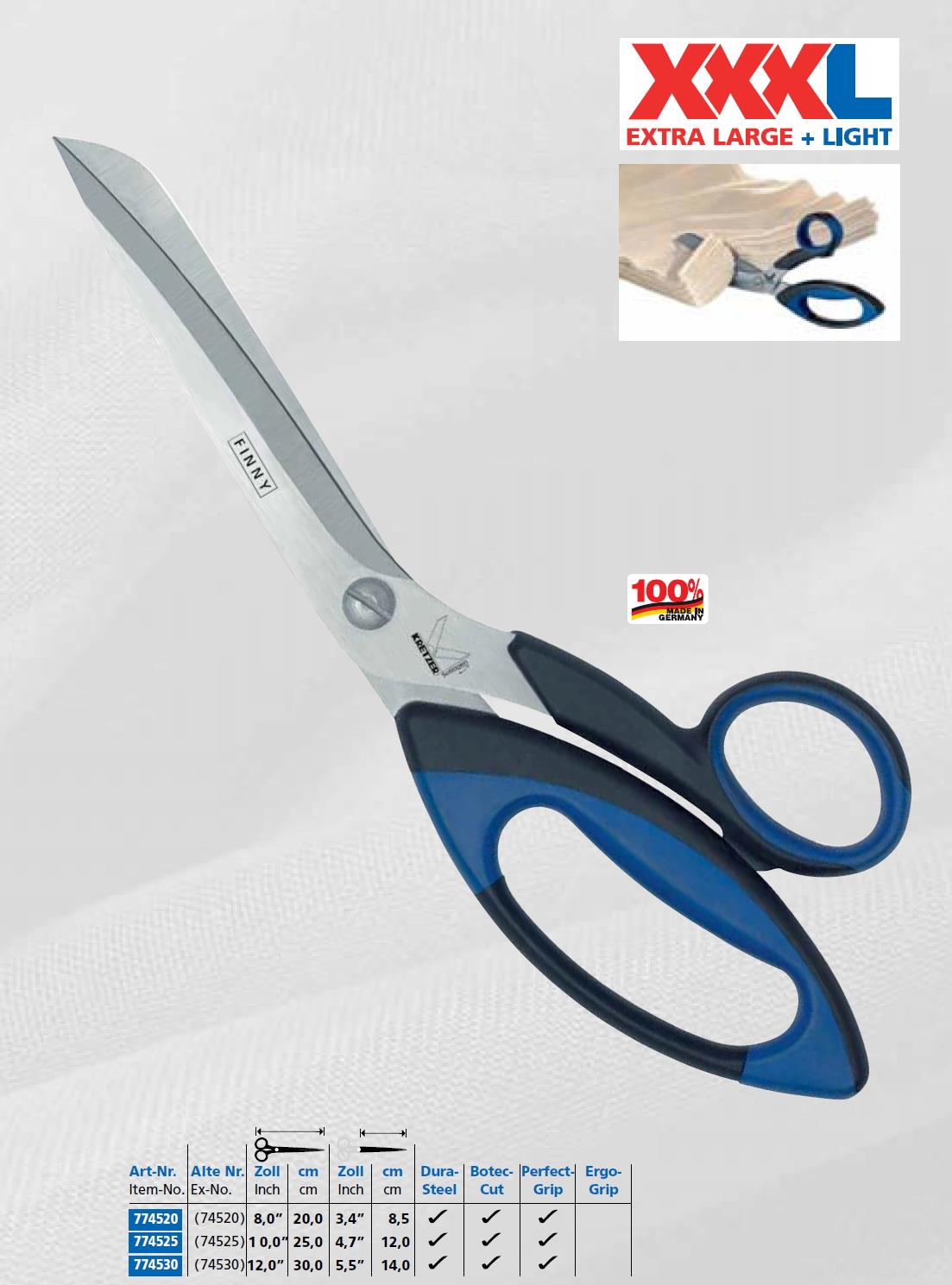 Kretzer Finny 12 Zoll Zuschneideschere, Länge 30 cm, starke Ausführung, blau-schwarzer Griff