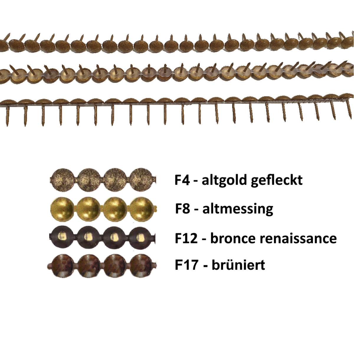 Ziernägelband 100 1/3 Streifen, je 60 Nägel, Kopf 9,5 mm, F4 altgold gefleckt, VE 1Stück, UV 50 St.