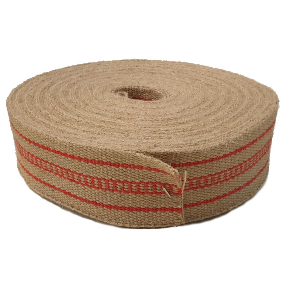 Jute-Sitzgurt 1A rote-Einflechtung (fest), 70 mm breit, Polstergurt 140, Rolle(n) 25 m