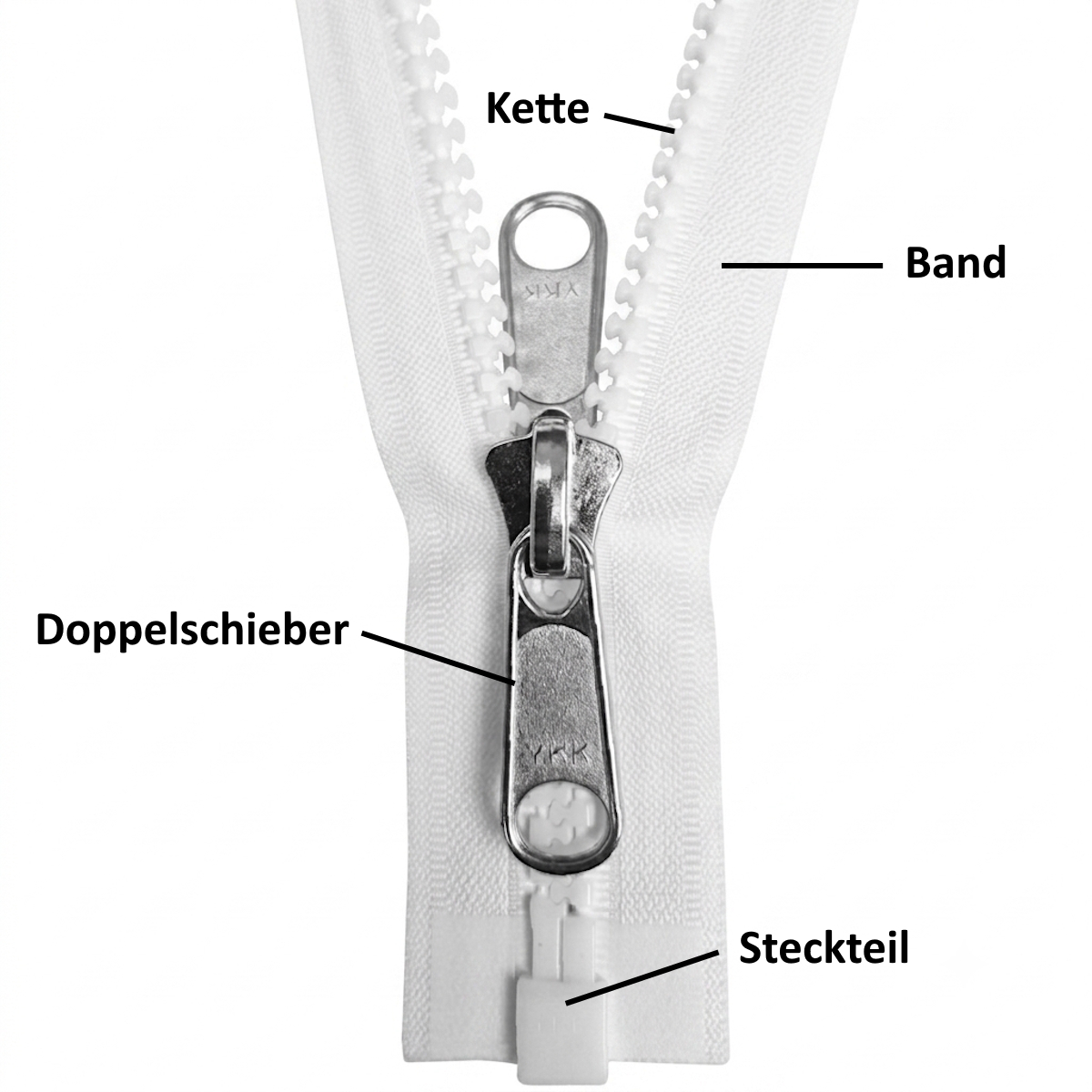 YKK teilbar,Zacke, weiß 582, 50 cm, Kunsttoffsteckteil, 10mm, Bandbreite 40mm, Doppelgriff