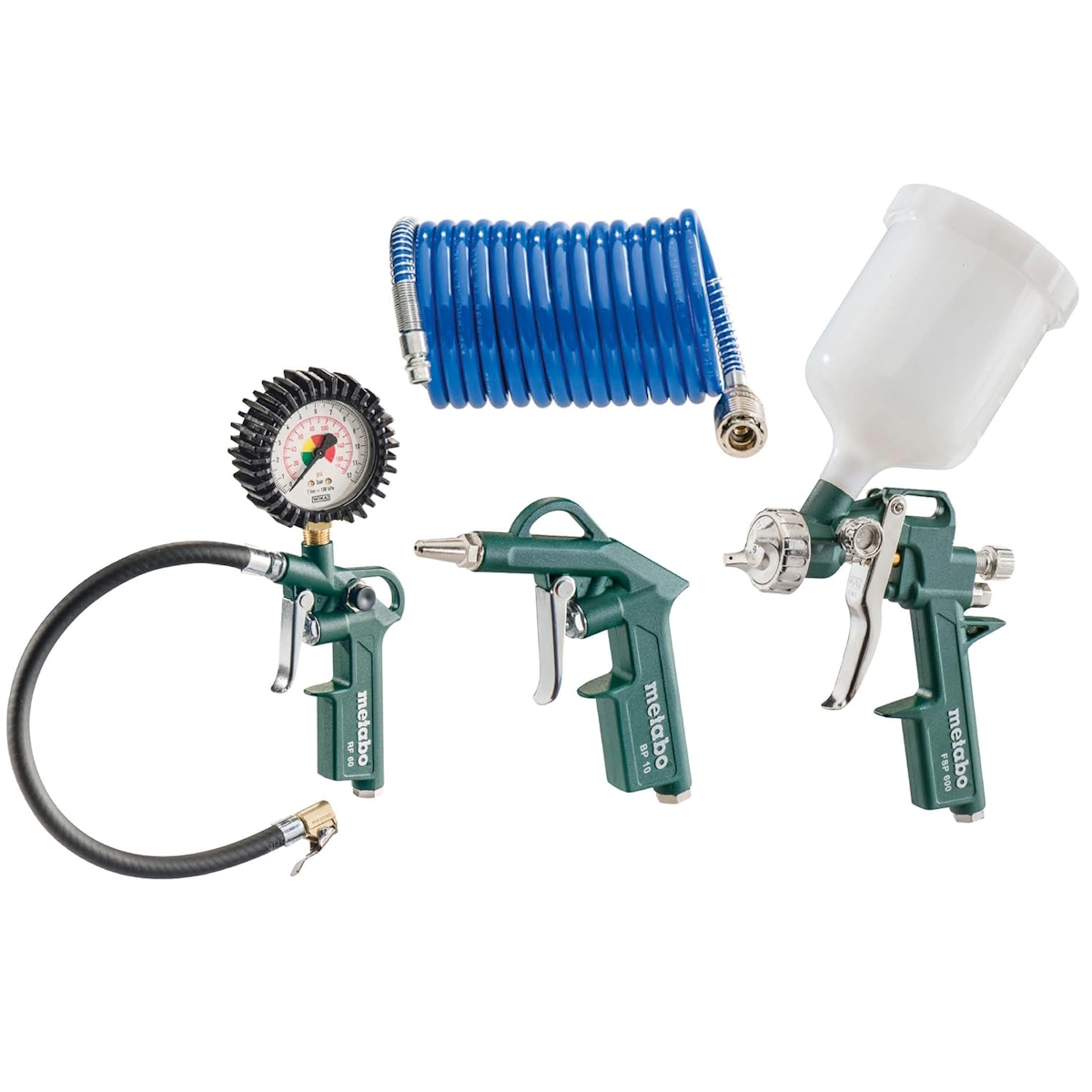 Metabo Druckluft-Werkzeugset LPZ 4 Set – Blaspistole, Reifenfüllmessgerät, Farbspritzpistole mit 0,6 l Becher & 4,9 m Spiralschlauch
