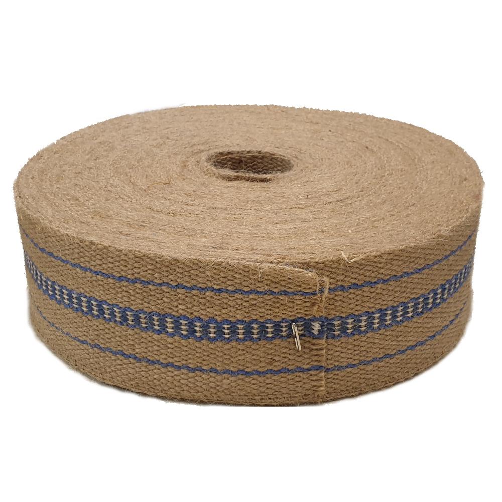 Jute-Lehnengurt 1A blaue-Einflechtung, 70 mm breit, Polstergurt, Rolle(n) 25 m