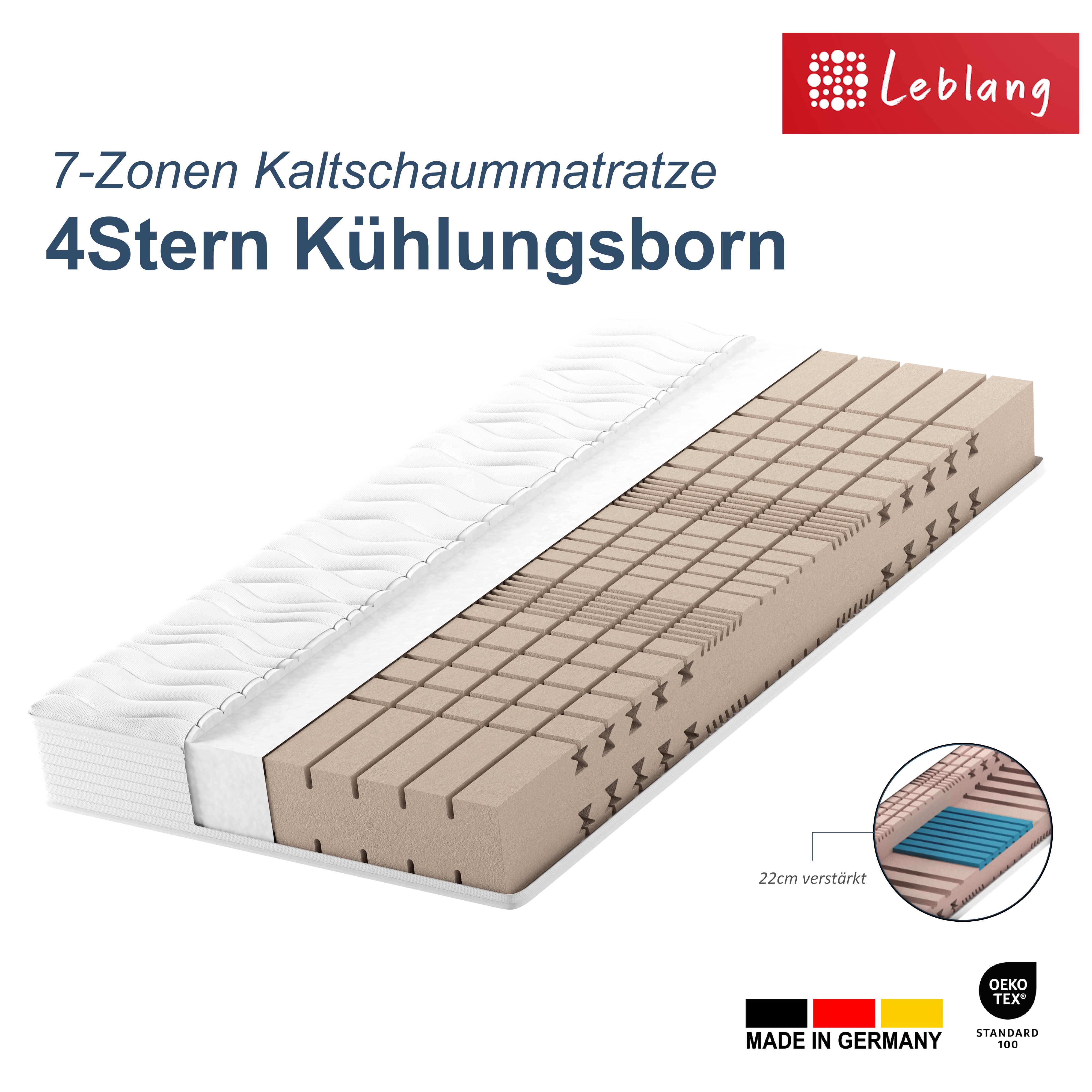 Leblang 4Stern Matratze Kühlungsborn, 80x190cm, Höhe ca. 18cm, soft, Zonenmatratze