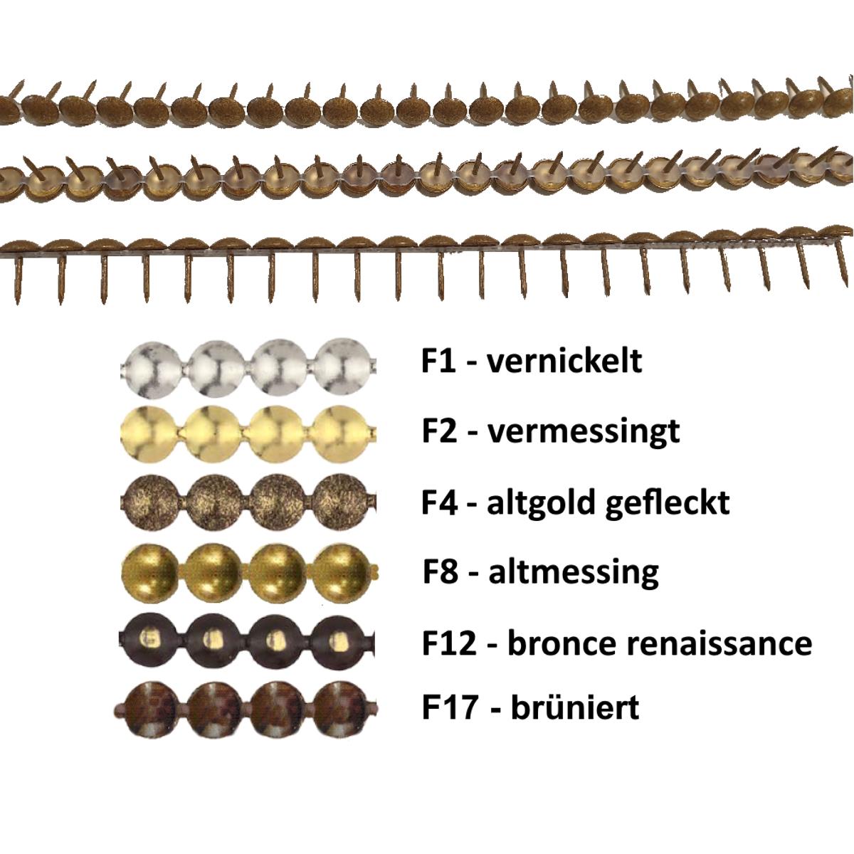 Ziernägelband 100 1/3 Streifen, je 60 Nägel, Kopf 9,5 mm, F4 altgold gefl., VE 1 Streifen, UV 50 St.