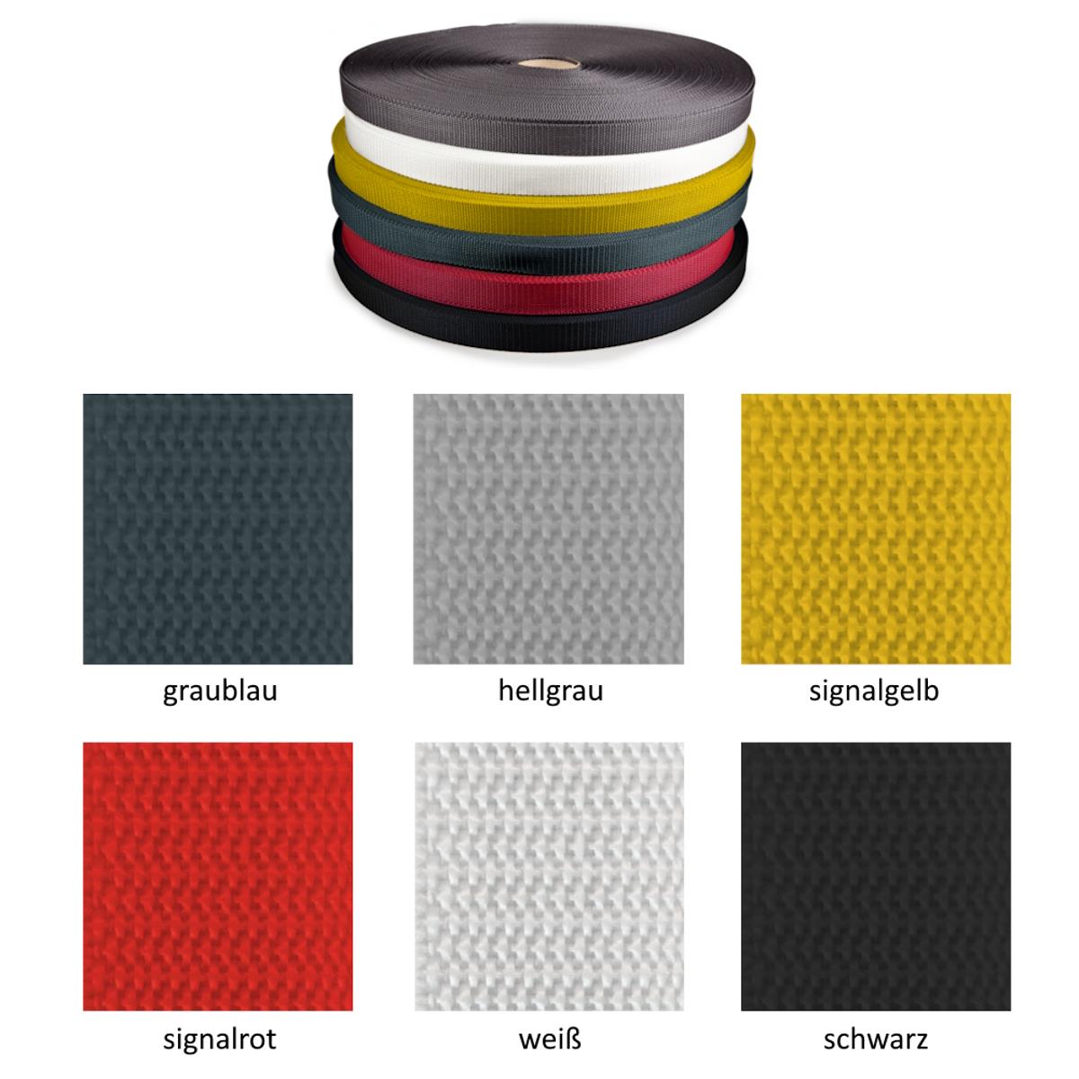Polypropylengurt, 25 oder 40 mm breit, verschiedene Farben, VE 1 lfm ab, Rolle 75m